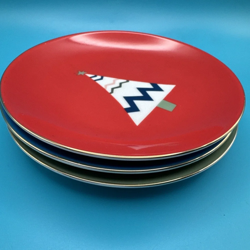 PIER 1 Christmas Tree Plate 3 Colors‎ Holiday Appetizer Canape Dessert 6
